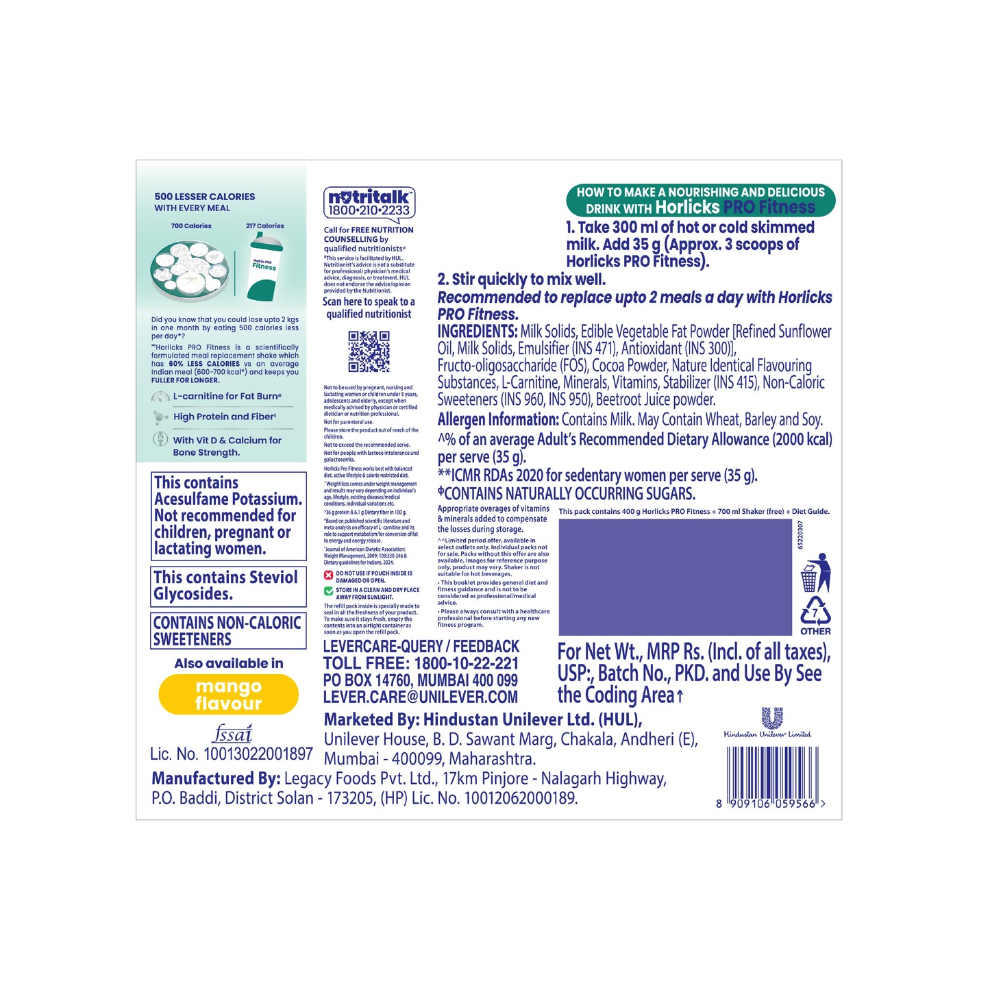 Horlicks Pro Fitness Chocolate Combo (400gm+400gm), Meal Replacement for Weight Loss